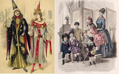  Ensemble de trois gravures en couleurs : costumes et magie 1. Fillette présentant...