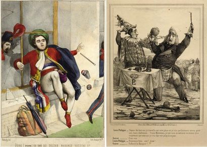 null Ensemble de deux gravures
1. "Fuite en 1849 du sultan Mahomet Vasistas Ier."
Caricature...