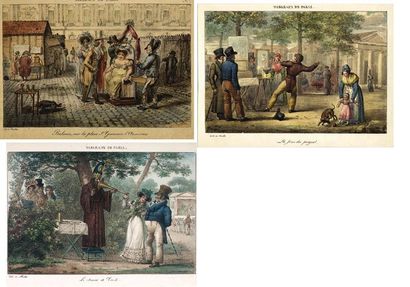 null Quatre gravures "tableaux de Paris" :
1. Escamoteurs par Jean-Henri Marlet (1771-1846)...
