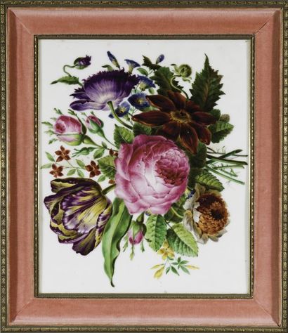 null Peinture sur porcelaine. Bouquet de fleurs. Milieu du XIXème siècle 25 x 31