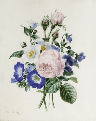 CHAPOLIN (XIXe siècle) Jetée de roses Aquarelle signée en bas à gauche, datée 1832...