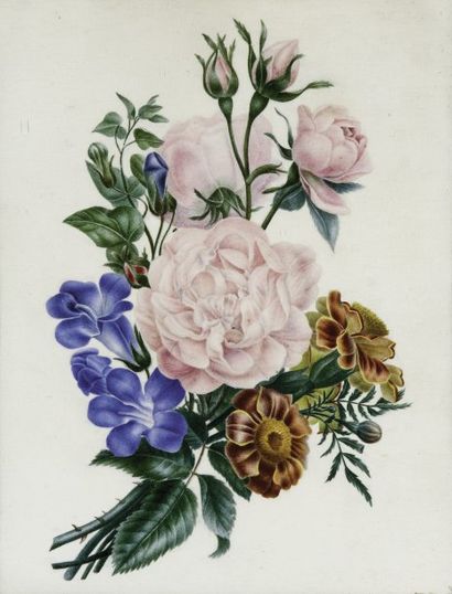 null Ecole du XIXe siècle Jetée de fleurs Aquarelle et gouache sur vélin 24 x 19