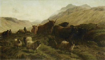 null Attribué à Charles JONES (XIXe siècle) Moutons et taureaux dans les Highlands....