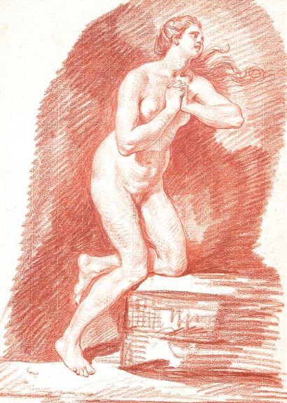 Jean-Baptiste GREUZE (1725-1805) Femme nue les mains jointes Dessin à la sanguine...