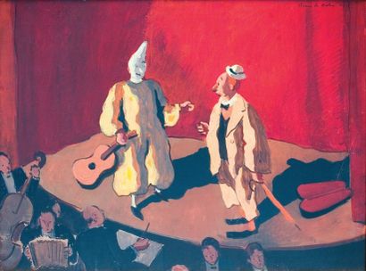 Pierre DE BELAY (1890-1947) Clowns et orchestre Peinture à l'essence signée en haut...