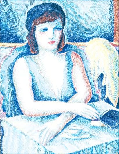 Pierre DE BELAY (1890-1947) Jeune femme au café Gouache treilliste signée en abs...