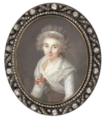 Lié-Louis PERIN SALBREUX (1753-1820) Portrait d'une dame de qualité Miniature ovale...