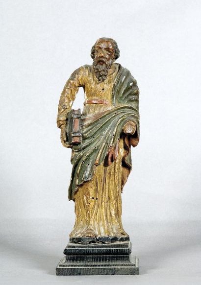 null Statue en bois sculpté doré et peint représentant un saint personnage barbu...