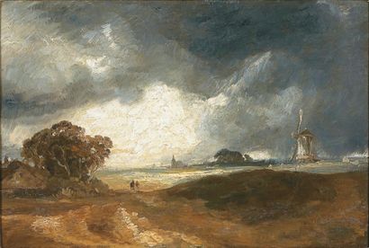 Georges MICHEL (1763 - 1843) Moulin dans un paysage panoramique Panneau parqueté...