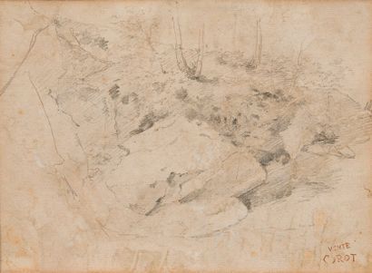 Jean-Baptiste Camille COROT (1796-1875) Rochers à Fontainebleau Dessin à la mine...