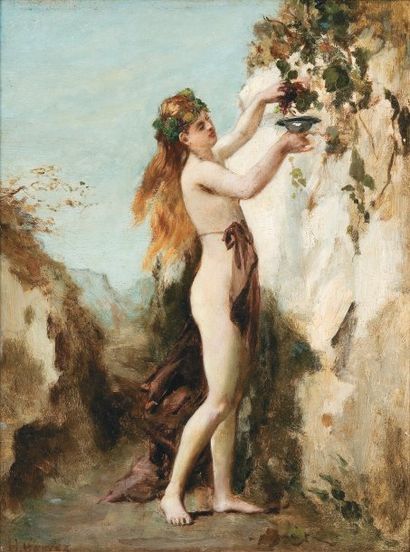 Henri GERVEX (1852-1929) La nymphe cueillant du raisin Huile sur panneau d'acajou,...