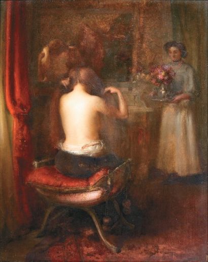 Etienne TOURNES (1857 - 1931) La toilette Huile sur panneau, signée en bas à droite....