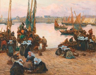 Fernand LEGOUT-GERARD (1856 - 1924) Le déchargement de la pêche à Concarneau Huile...