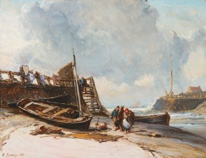 Eugène ISABEY ( 1803 - 1886) Barques sur la grève Huile sur panneau, signée en bas...