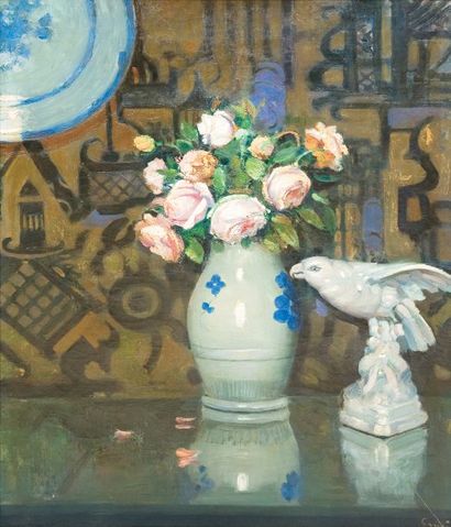 Jules Alexandre GRÜN (1868-1934) «Vase de roses» Huile sur toile signée en bas à...