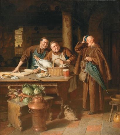 Edouard Von GRUTZNER (184-1925) «Les Moines préparant le repas» Huile sur toile signée...