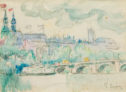 Paul SIGNAC (1863-1935) « Le Pont Neuf » Aquarelle sur trait de crayon signée en...