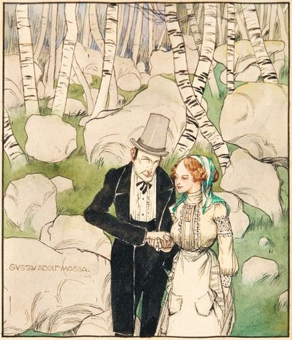 Gustav Adolf MOSSA (1883-1971) « Couple dans un bois » Aquarelle, signée en bas à...