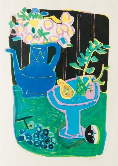 Roger BEZOMBES (1913-1994) « La cafetière bleue, 1958 » Lithographie en couleurs,...