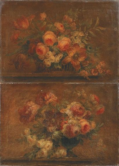 Michel Bruno BELLANGÉ (Rouen 1726 - 1793 ) Corbeilles de fleurs Paire de toiles,...