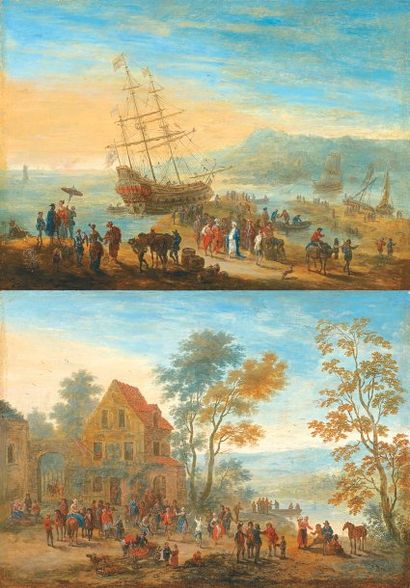 Jan Baptist VAN DER MEIREN (1664 - Vers 1708) Scène de Port animé d'orientaux Scène...