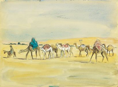 Edouard DOIGNEAU (1865-1954) « Caravane dans le désert ». Crayon et aquarelle. 23...