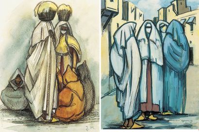 Gill-Julien MATTHEY (1889-1956) Femmes marocaines au marché. Gouache et encre sur...