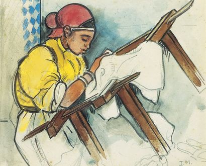Gill-Julien MATTHEY (1889-1956) La tisseuse. Fusain, crayon et gouache, monogrammé...