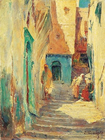 Edouard VERSCHAFFELT (1874-1955) Scène animée dans la Casbah d?Alger. Huile sur toile,...