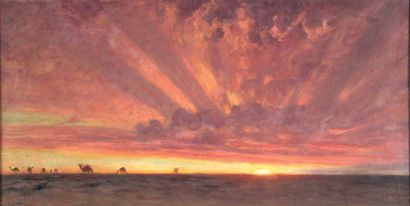 Étienne DINET (1861-1929) «Coucher de soleil sur le désert». Huile sur toile, signée...