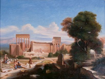 École du XIXe siècle «Vue du temple de Balbek, Liban». Huile sur toile. 48 x 64 ...
