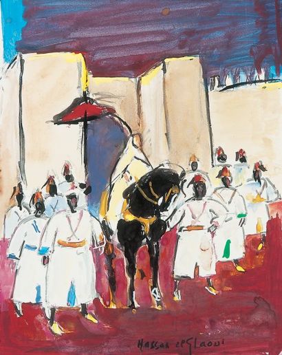 Hassan EL GLAOUI (né en 1924) La Sortie de sa Majesté le Roi. Gouache, signée en...