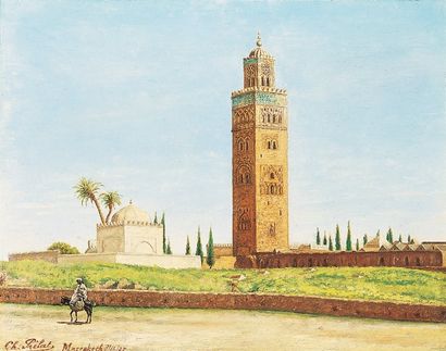 Charles PRELAT (XIXe-XXesiècle) La Koutoubia à Marrakech. Huile sur carton épais,...