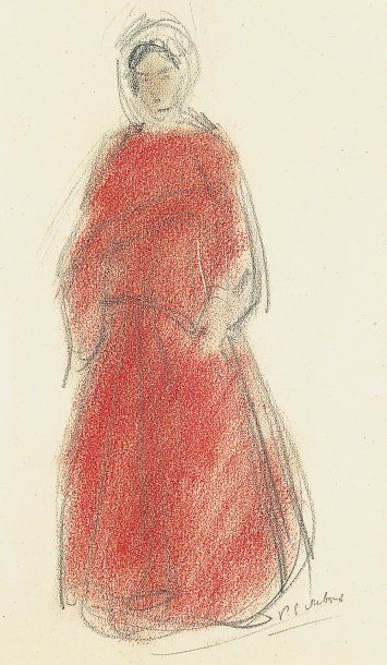 Paul - Elie DUBOIS (1886-1949) Jeune fille en rouge. Dessin au crayon gras et fusain,...