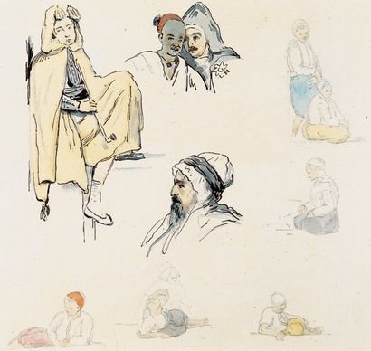 Théodore LEBLANC (1800-1837) Fumeur de kif, études de portraits. Dessin à la plume...
