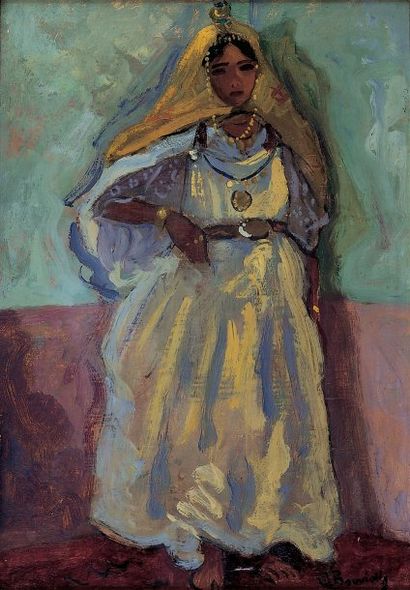 Maurice BOUVIOLLE (1844-1926) Jeune fille à la coiffe jaune. Huile sur carton, signée...