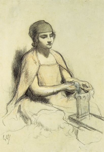Gustave GUILLAUMET (1840-1887) La cardeuse. Fusain et craie, monogrammé en bas à...
