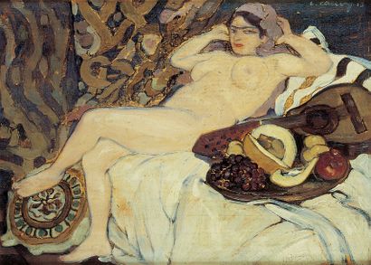 Léon CAUVY (1874-1933) La belle odalisque. Huile sur panneau, signée en haut à droite,...