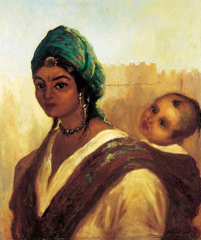 SCHMIDT (XIXe-XXesiècle) Marocaine et son enfant. Huile sur panneau, signée en bas...