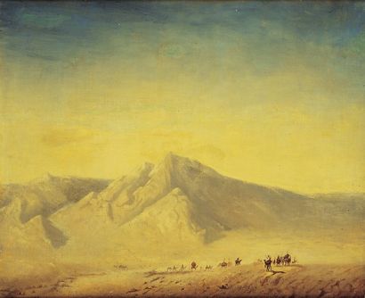 HANKARCRONA (XIXe-XXesiècle) « Caravane dans le désert ». Huile sur panneau d?isorel....