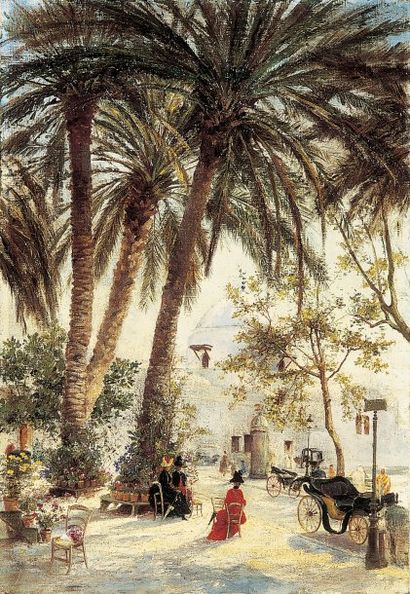 FORTUNIO (XIXe-XXesiècle) Elégantes sur la Place du Gouvernement à Alger, Vers 1900....