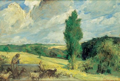 Jules VAN BIESBROECK (1873-1965) Paysage de Kabylie. Huile sur carton, signée et...