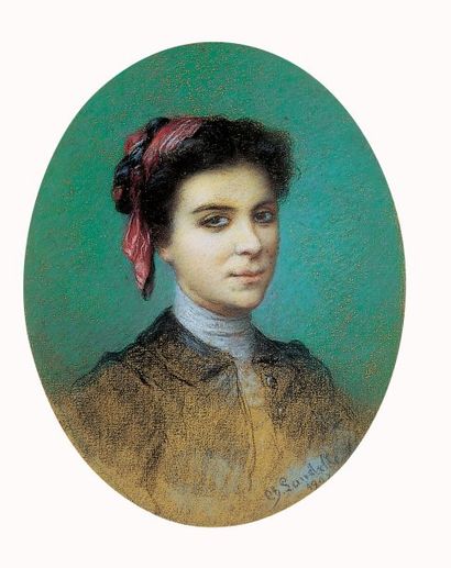 Charles LANDELLE (1812-1908) Portrait de Jeune fille. Pastel et fusain de forme ovale,...