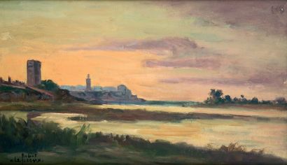 Albert LEPREUX (1868-1959) Soir à Rabat. Huile sur panneau, signée en bas à gauche....