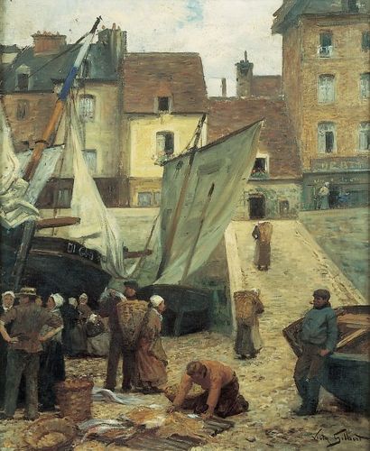 Victor GILBERT (1847-1933) « Le déchargement des navires, Le Pollet ». Huile sur...