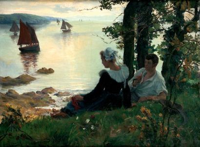 Alfred Victor FOURNIER (1872-1924) Couple d?amoureux devant la Baie de Concarneau....