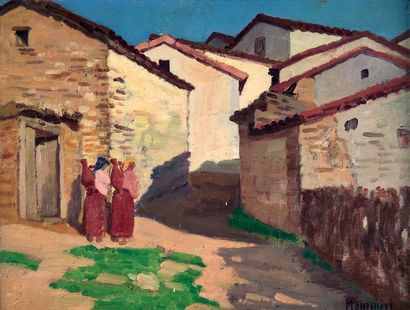 Azouaoui MAMMERI (1890-1954) « Village kabyle ». Huile sur carton, signée en bas...