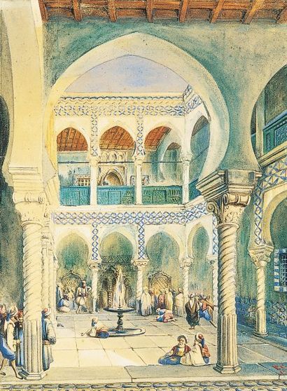 Pascal COSTE (1787-1879) Réception au Palais de Djenina à Alger. Rare aquarelle et...
