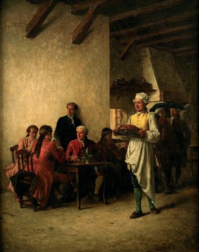 Benjamin Eugène FICHEL (1826-1895) « L?heure du repas ». Huile sur panneau d?acajou,...