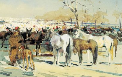 Edouard DOIGNEAU (1865-1954) « Le marché aux chevaux, Tanger ». Crayon, gouache et...